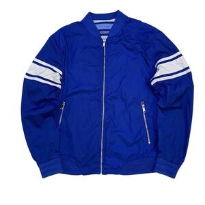 Zara Men's Royal Blue Bomber Jacket with White Stripes